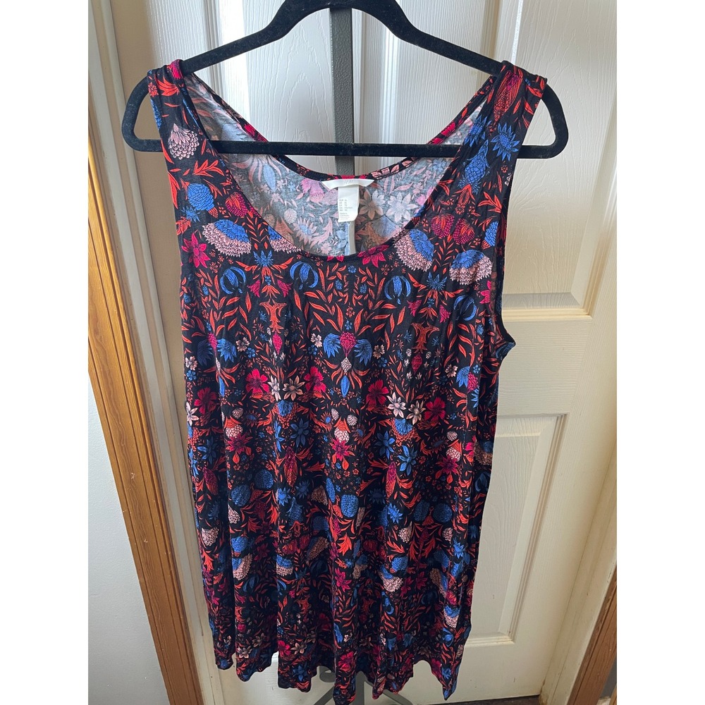 HM Floral Botanical Print Tank Top Black Red Blue Viscose Scoop Neck XL